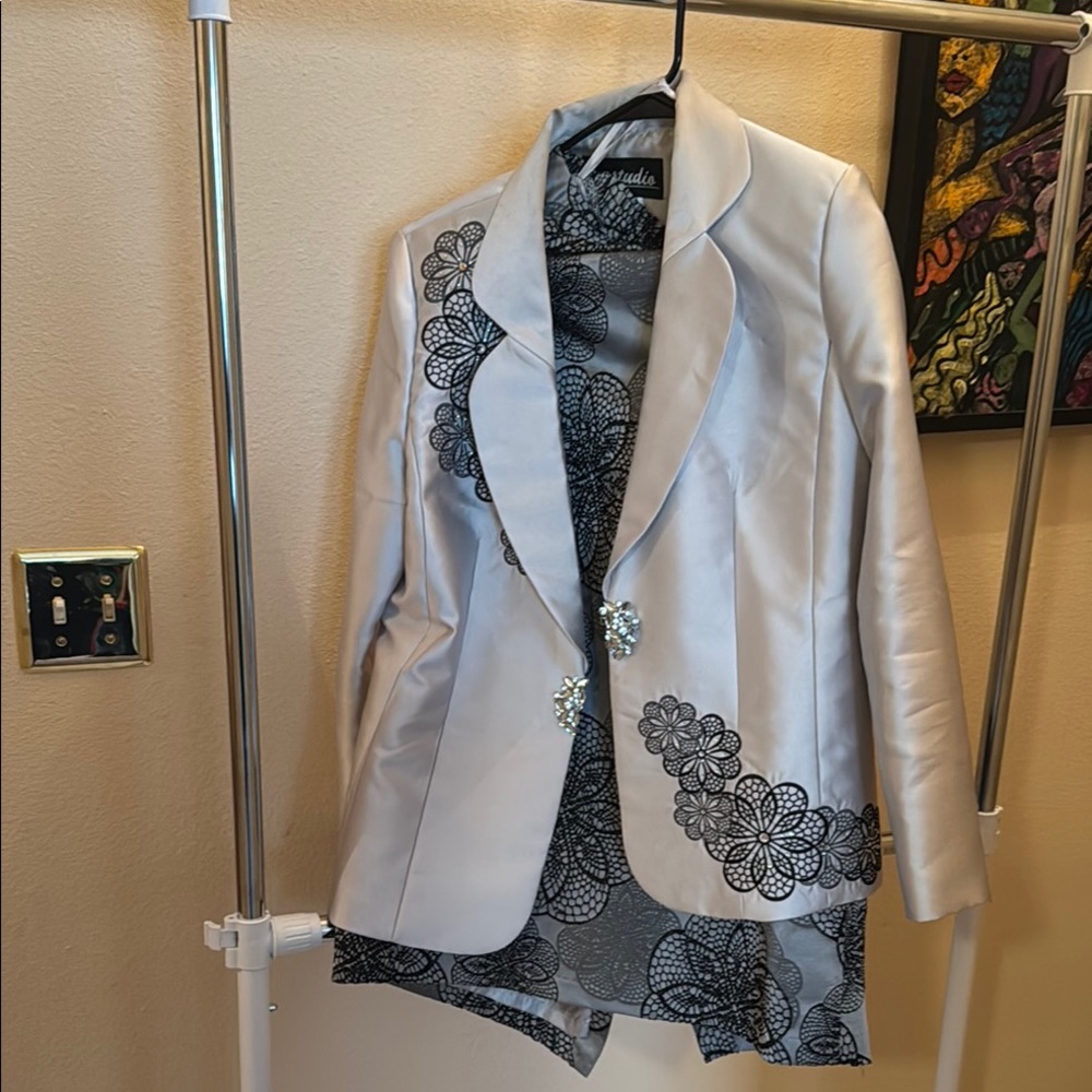Elegant Silver Blazer  and skirt suit with Black Lace Accents